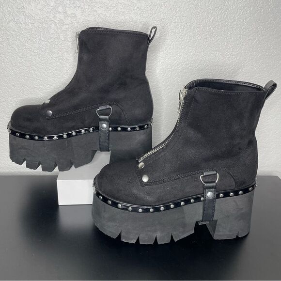 Demonia Black Ankle Boots with Studded Details - Picture 2 of 11